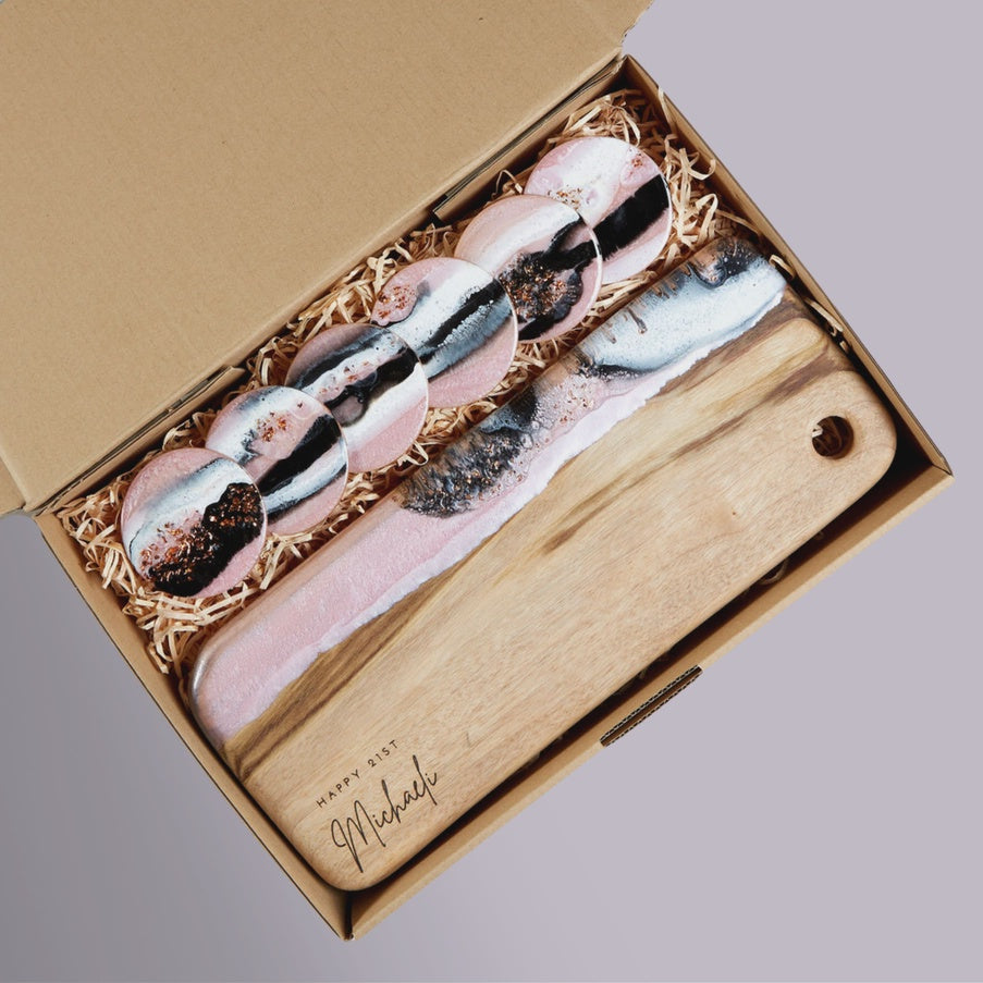 Hardwood Resin Cheese Board and Matching Coaster Gift Set