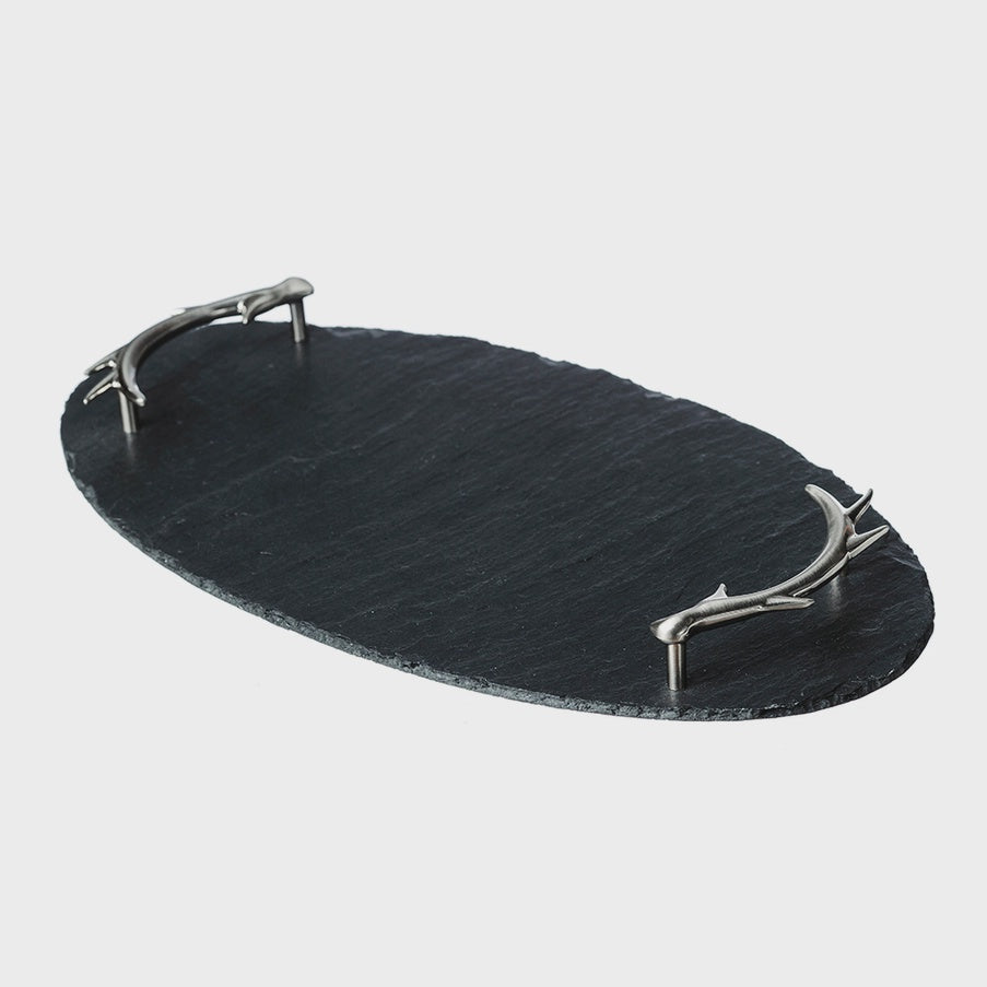 Oval Slate Serving Tray with Antler Handles