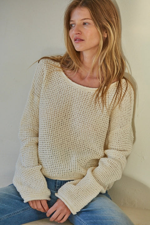 Knit 100% Cotton Sweater Round Neck Long Sleeve Top