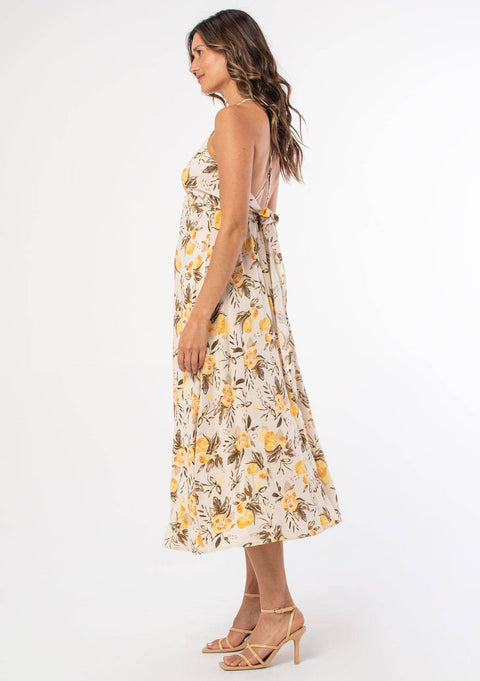 Linen Blend Cross Back Surplice Midi Dress