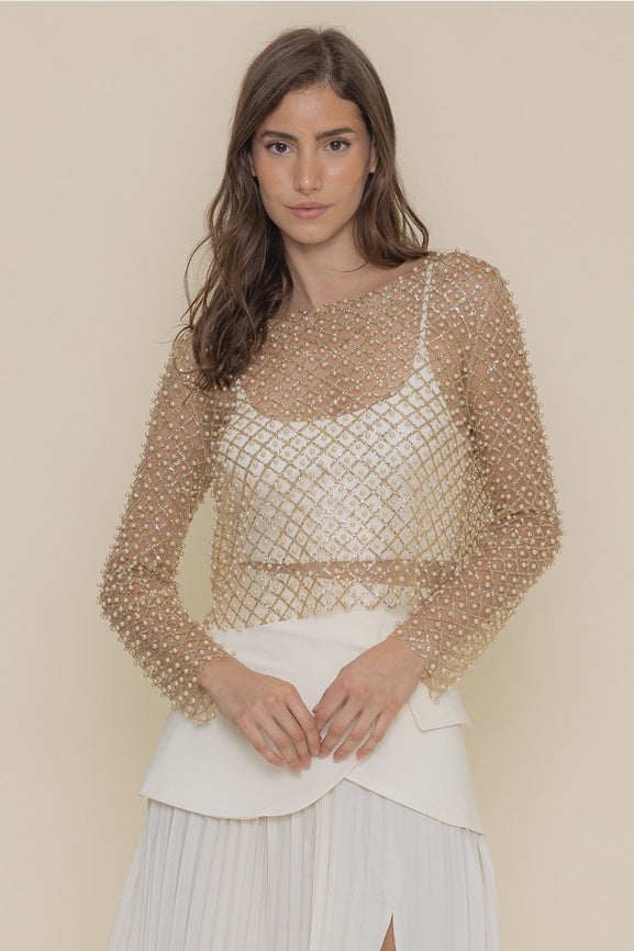 Chic Pearl Glitter Mesh Overlay Statement TOP