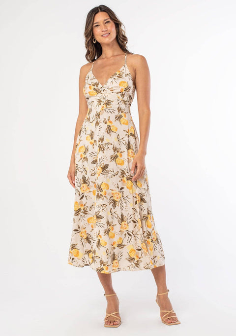 Linen Blend Cross Back Surplice Midi Dress