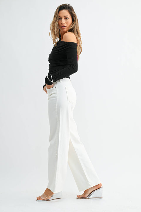 Off White Slim Wide Leg Jeans – Mid Rise Stretch Denim