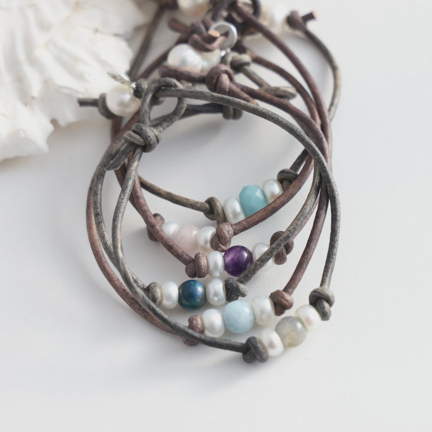 Pearl and Stone Leather Friendship Bracelet