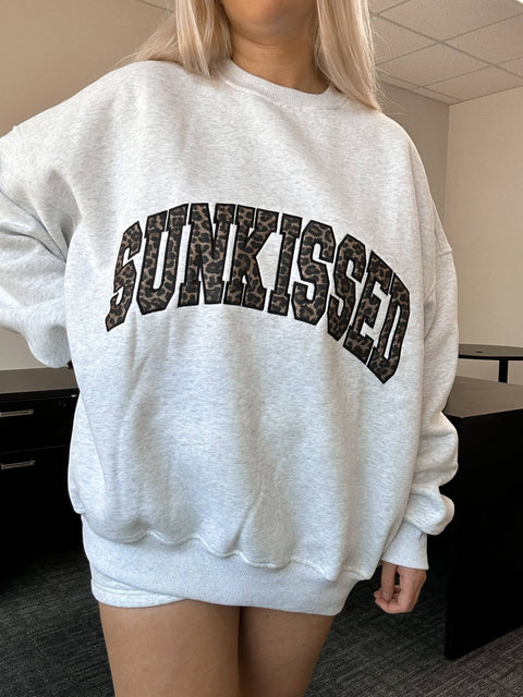 Pearl Grey Sunkissed Leopard Print Embroider Sweatshirt
