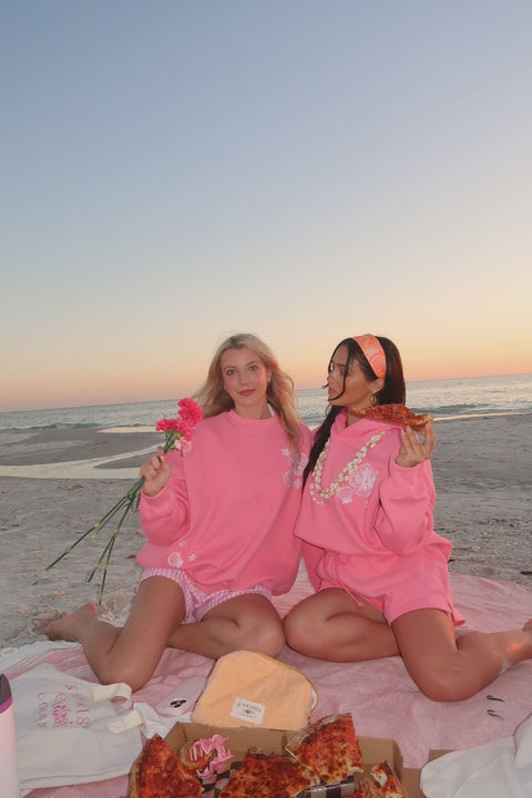 Hibiscus Pink Tropical Embroider Crewneck Sweatshirt