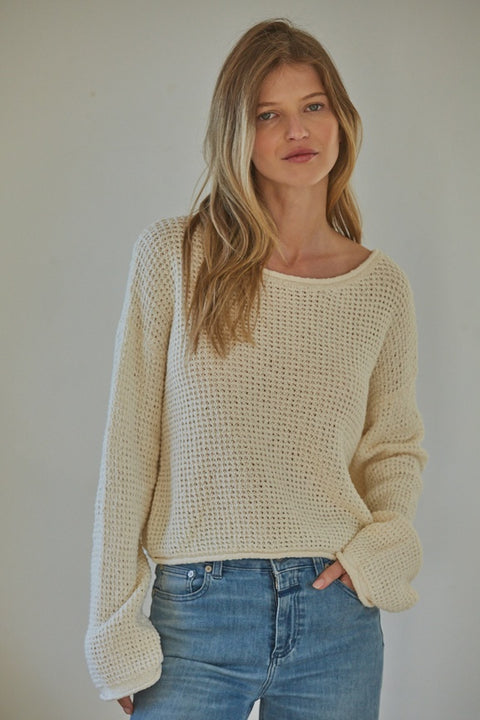 Knit 100% Cotton Sweater Round Neck Long Sleeve Top