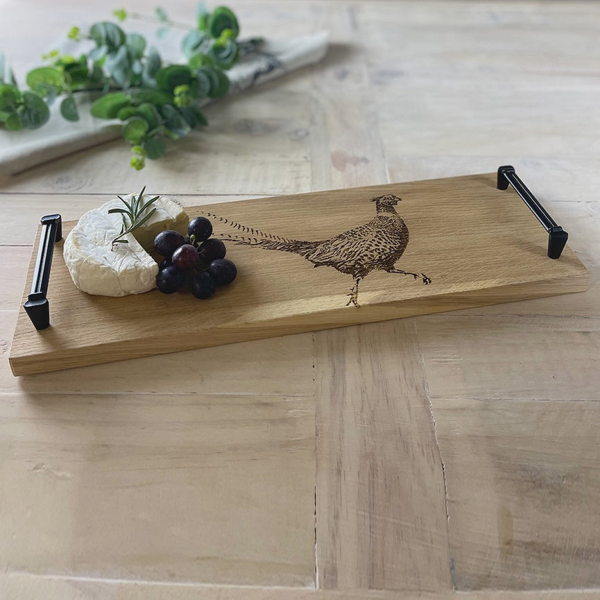 Pheasant Small Oak Serving Tray with Burnished Steel Handles