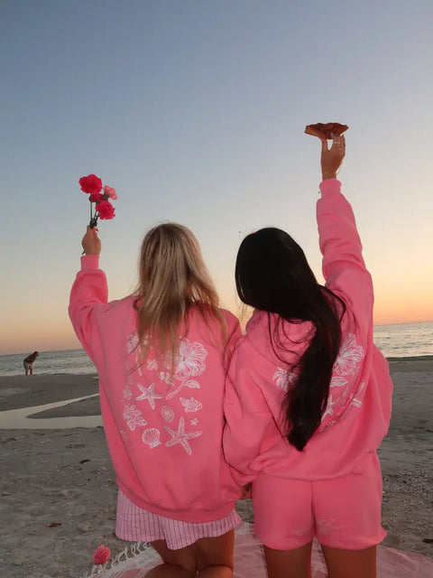 Hibiscus Pink Tropical Embroider Crewneck Sweatshirt