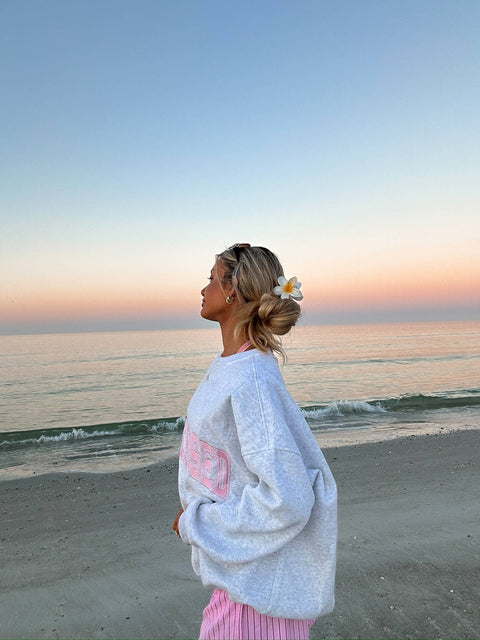 Pearl Grey w/ Pink Thread Sunkissed Varsity Embroider Sweats