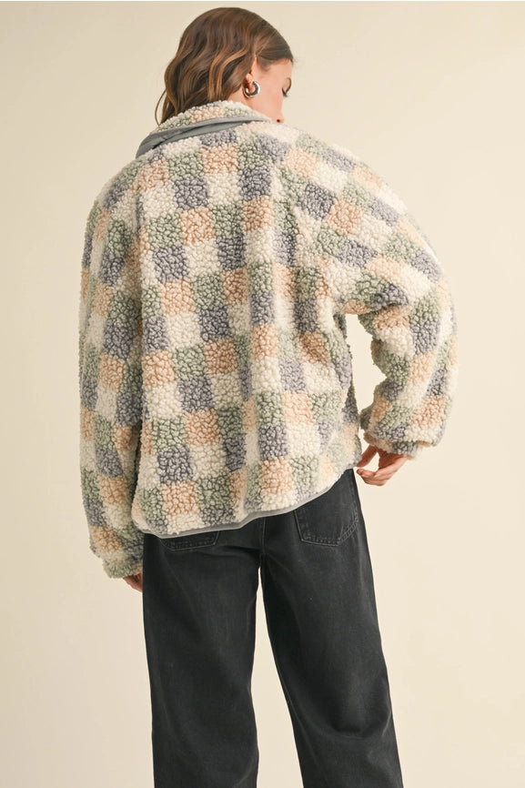 Multi Color Grid Pattern Sherpa Jacket