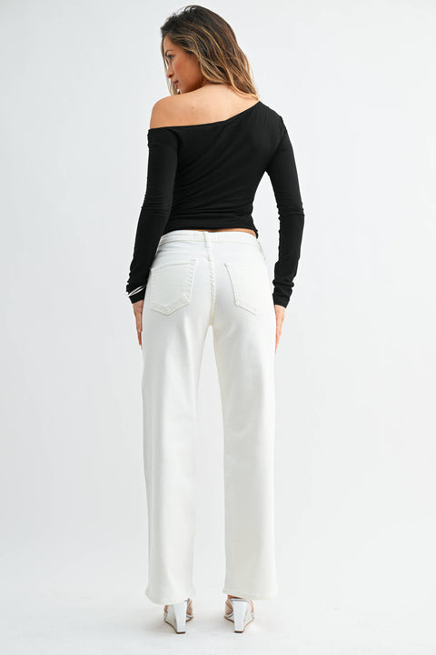 Off White Slim Wide Leg Jeans – Mid Rise Stretch Denim