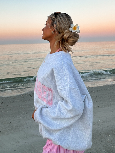 Pearl Grey w/ Pink Thread Sunkissed Varsity Embroider Sweats