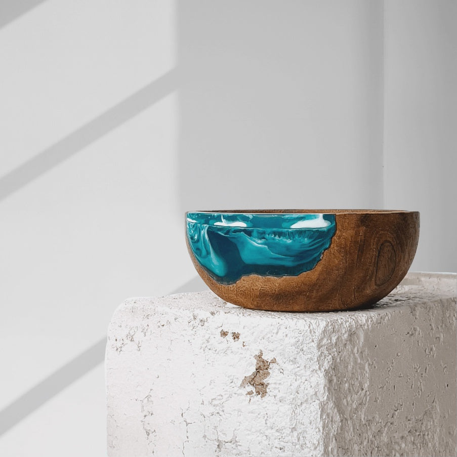 Turquoise Blue Resin and Wood Small Dip or Trinket Bowls