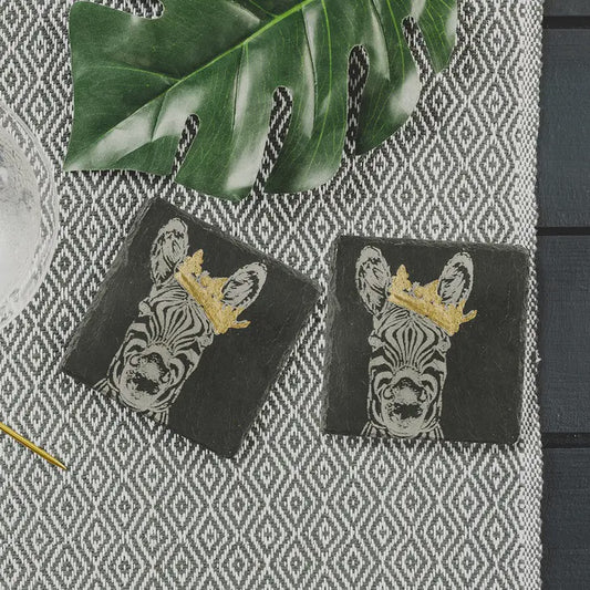 2 Gold Leaf Crowned Zebra Slate Coasters