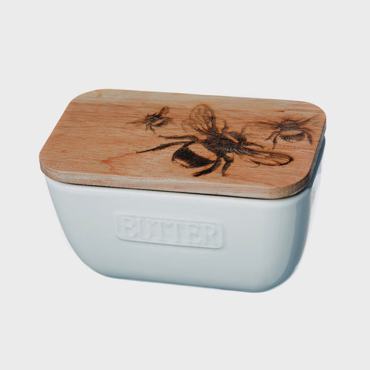 Bee Oak and Ceramic Butter Dish